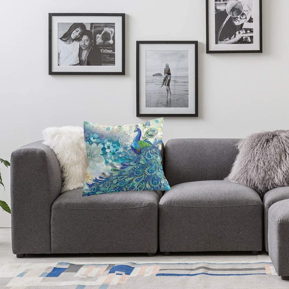 Set Of 2 Teal Peacock Throw Pillow Covers – 16x16 Inch, Watercolor Design, Microfiber, Home Decor