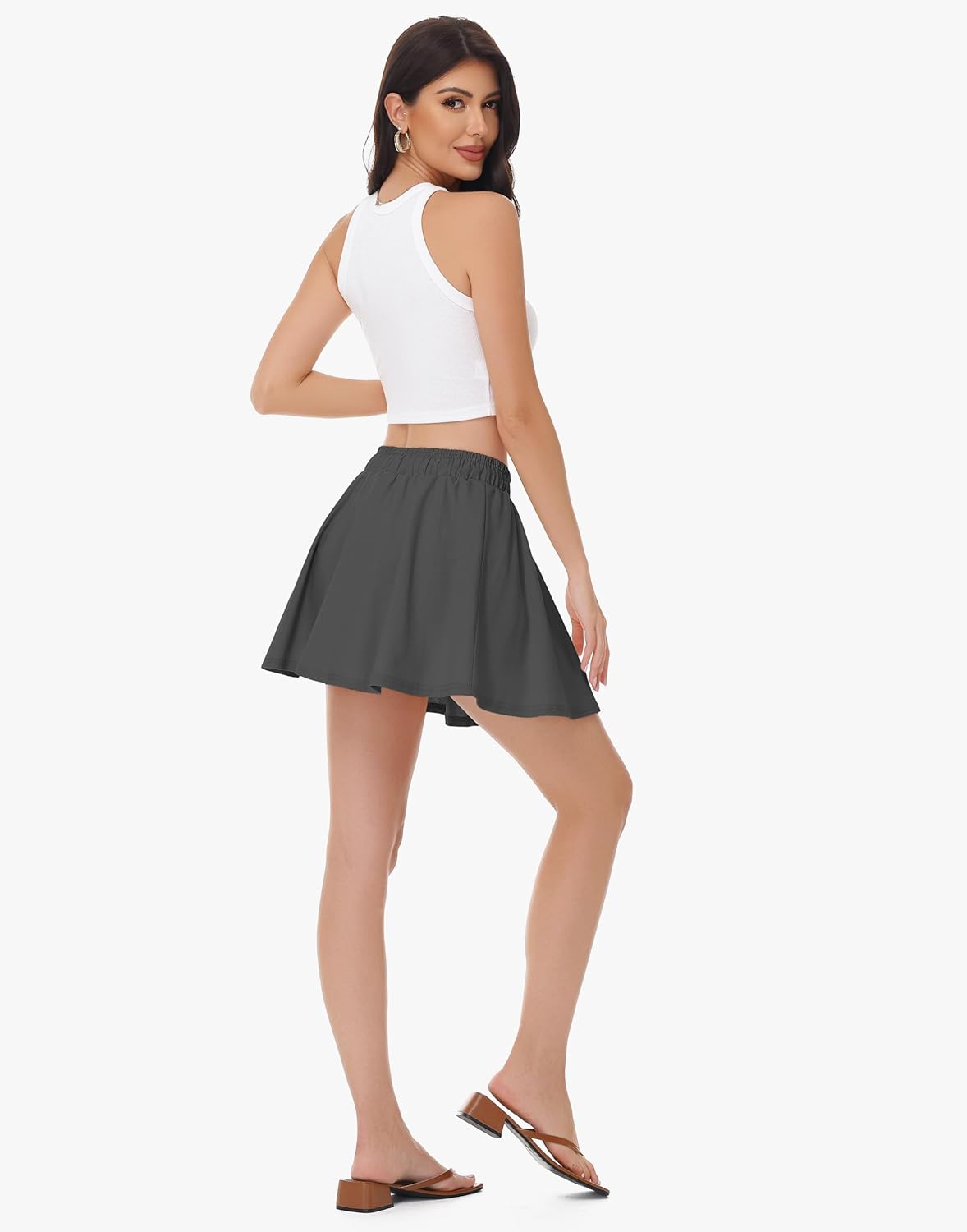 Womens Cotton Linen Skorts Skirts Pleated Cute Dark A-Line Skirts with Pockets Inner Shorts - Image 2