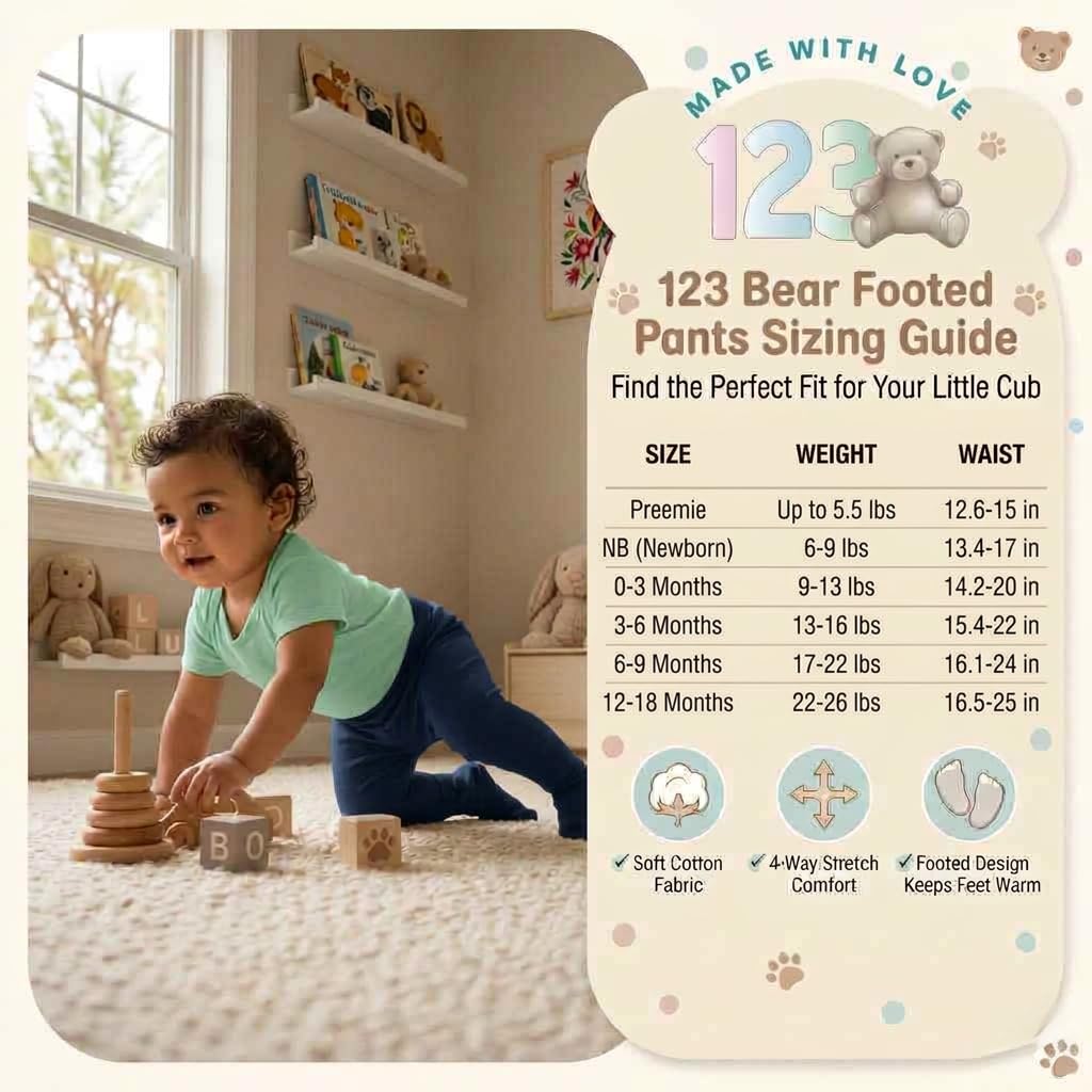 123 Bear Pantalones de bebé de algodón suave y elastano con perneras