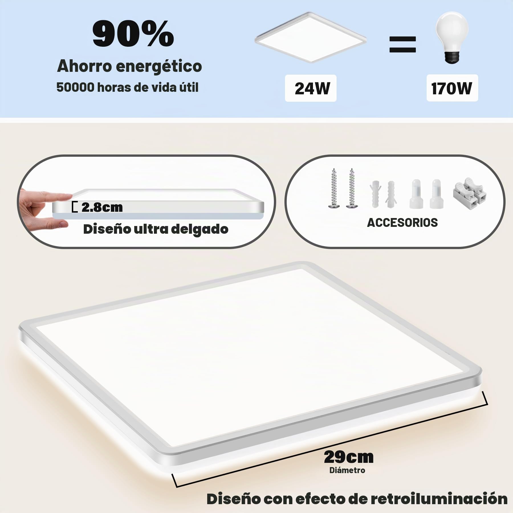 Plafon LED Techo Regulable con Mando a Distancia, 24W 3200LM 3000K-6500K Lámpara Luz Techo Moderna Ultrafino Lampara de Techo para Dormitorio Salon Cocina Balcón Baño Cuadrado Ø29cm,Blanco
