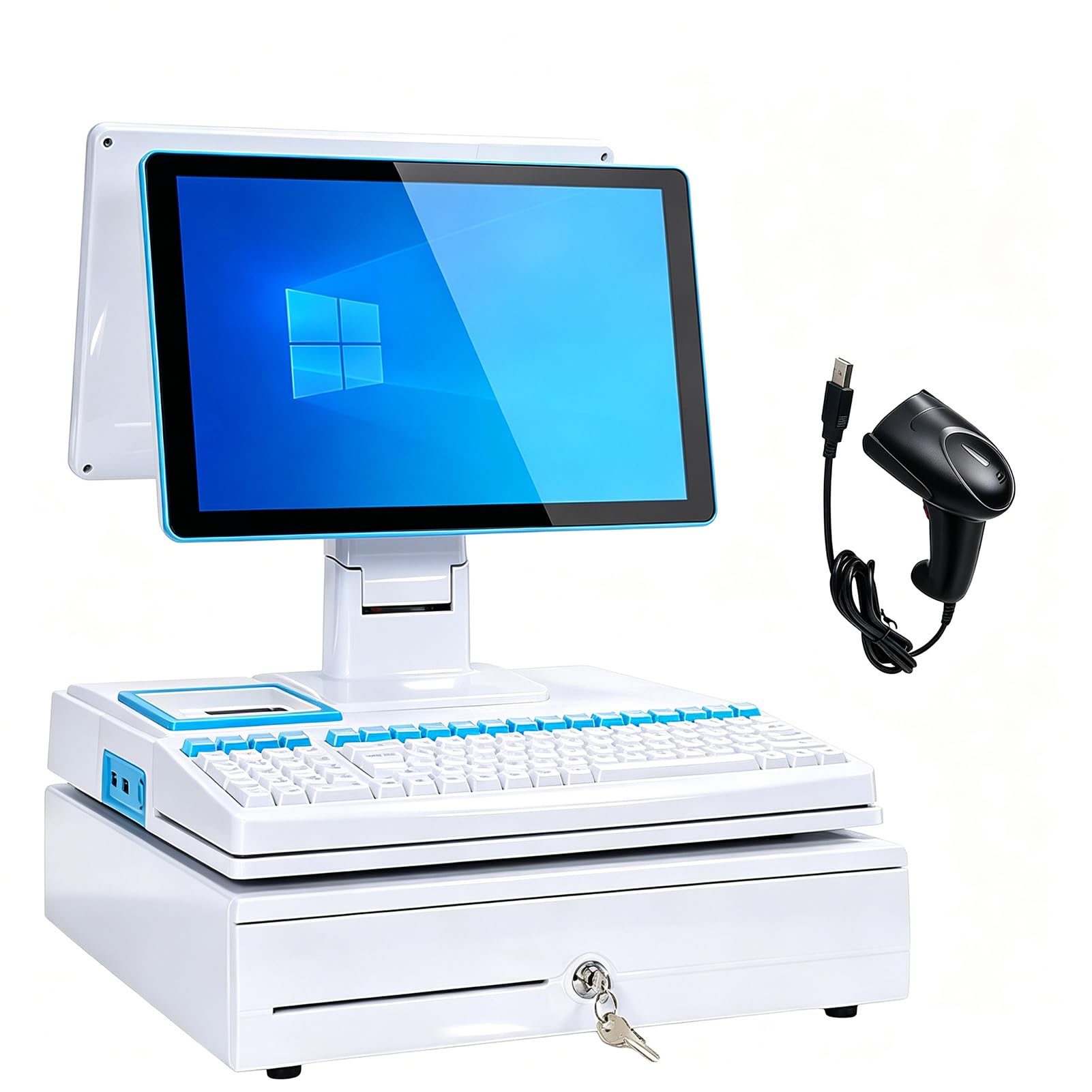 AVSMGP , Biały, DualScreen, Mały Biznes Dotykowy Kasa Fiskalna - 15.6" All-in-One POS z klawiaturą, wbudowaną drukarką 58 mm i skanerem, Windows 10 dla handlu detalicznego