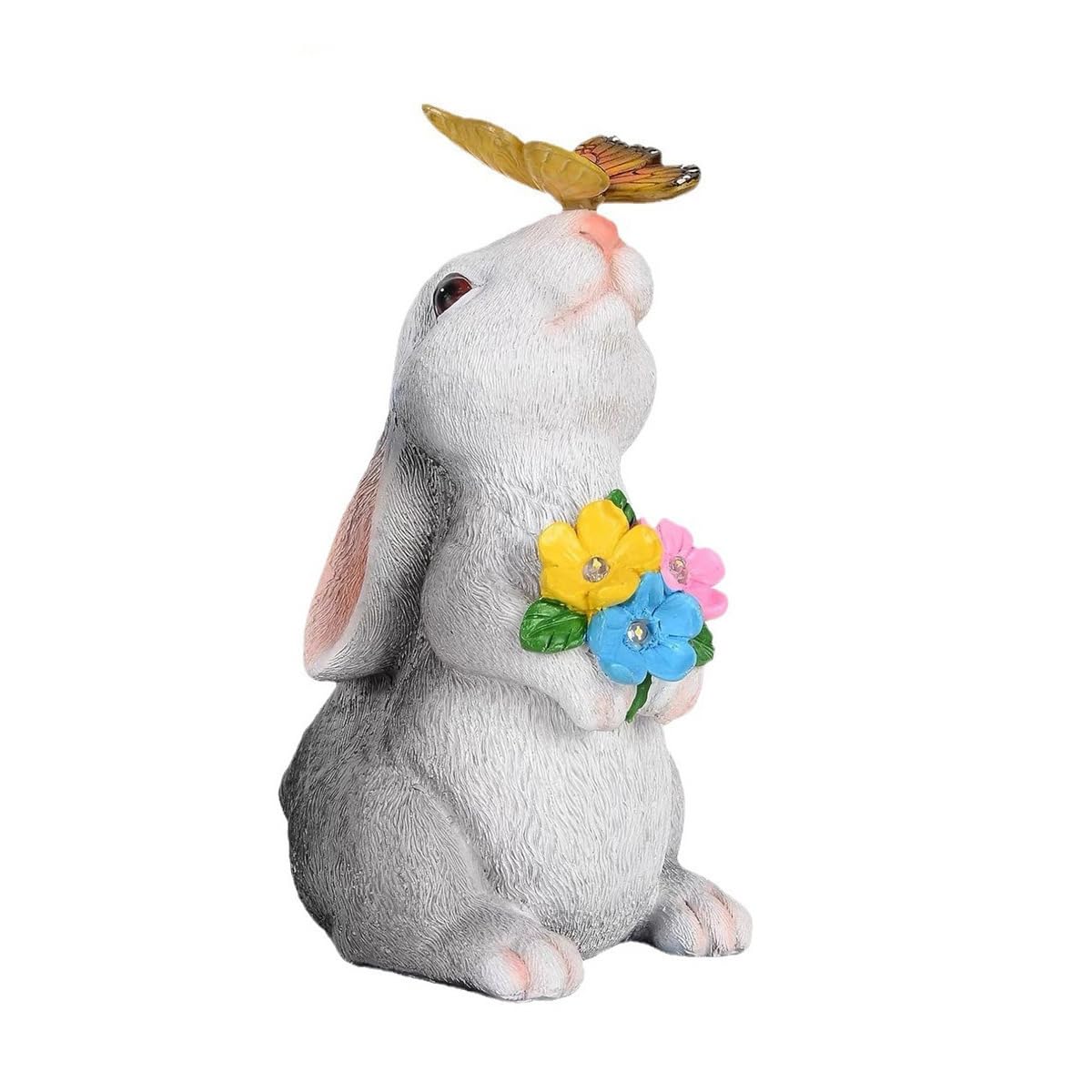 Increfunhome Easter Bunny Resin Figurine, Decorative Rabbit Figurine with Butterfly and Flower Embellishment, Spring Holiday Home Garden Decor, (Flower and Butterfly)