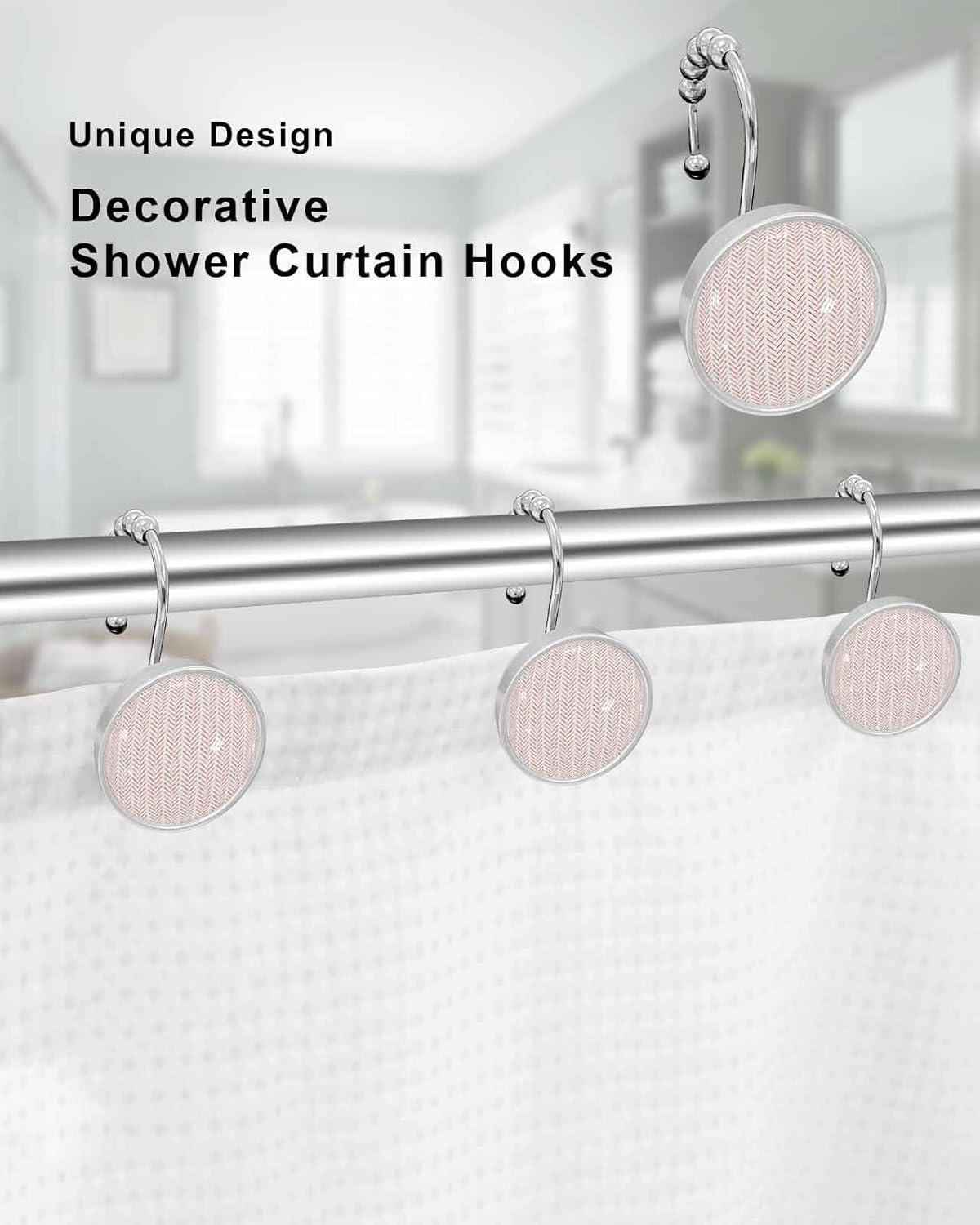 Shower Curtain Hooks 12 Pcs Orange Striped Geometric Stainless Steel Rust Proof Rolling Shower Curtain Rings, Decorative Shower Curtain Hooks Hangers for Bathroom