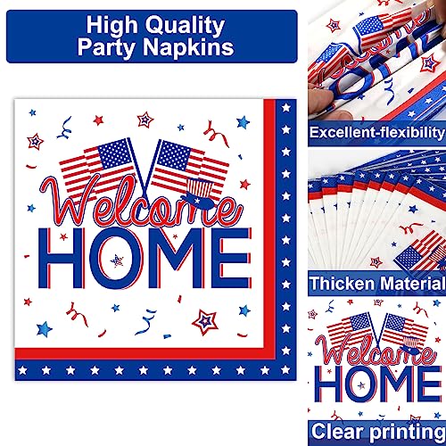 Image of 100Pcs Military Welcome Home Decorations Patriotic Army Soldier Homecoming Plates Napkins Proud of You Deployment Returning Party Decor Supplies Red White Blue Welcome Home Tableware Serve 25 Guests
