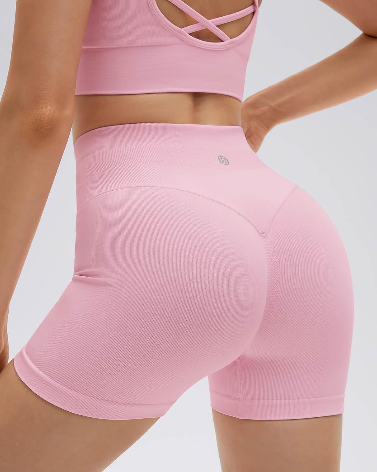 SUUKSESS Women Seamless 2 Piece Workout Sets Criss Cross Sports Bra High Waist Booty Shorts - Image 2