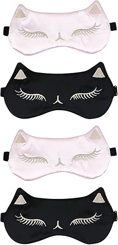 Máscaras para dormir de gatos, 4 unidades, máscara de ojos sedosa, suave y opaca con banda ajustable para mujeres, adolescentes, niñas, viajes