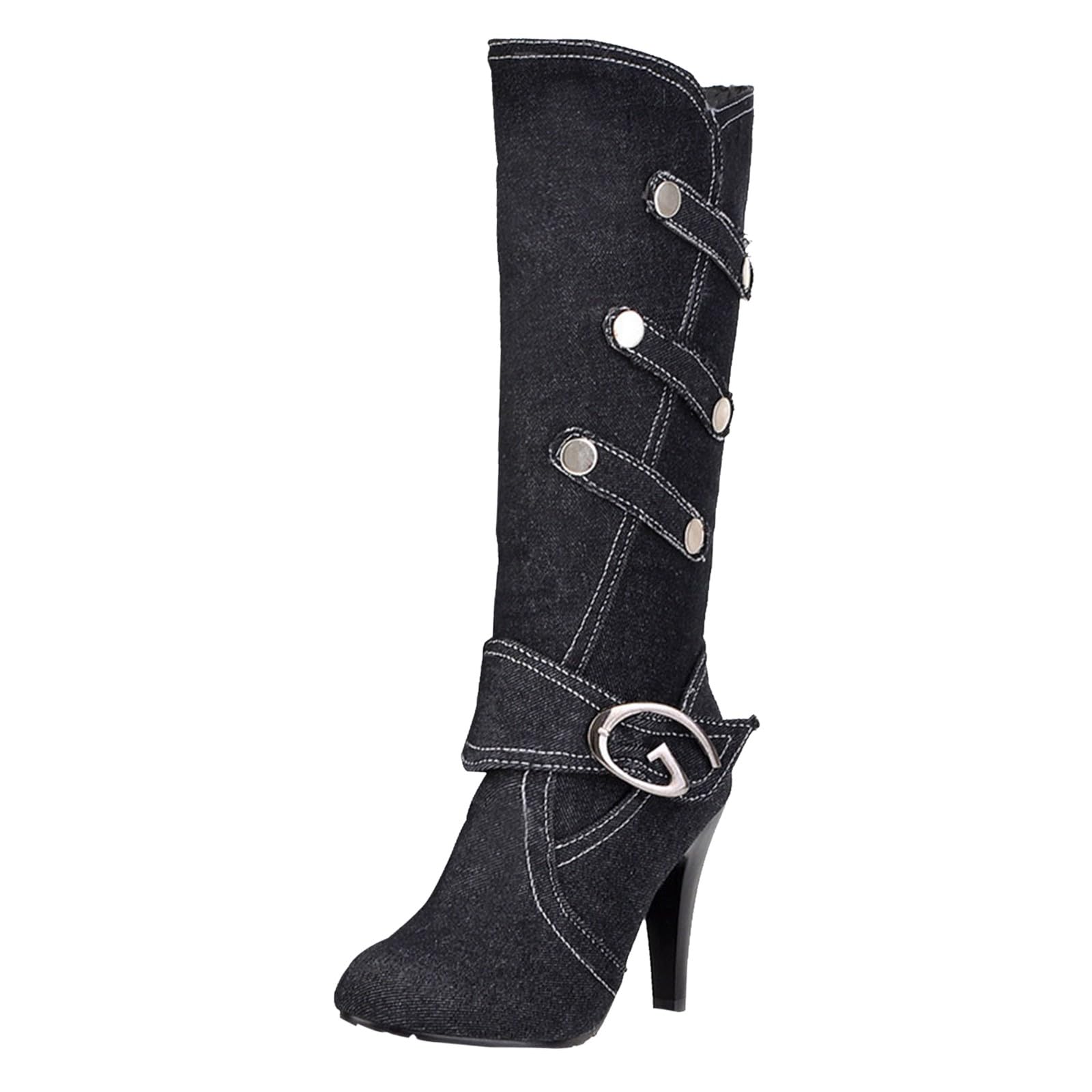 Botas de Invierno Mujer Zapatos de Mujer tamaño, otoño e Invierno, Nueva Tela Vaquera, Tacones Gruesos, Botas Altas con Hebilla, Largas para niños