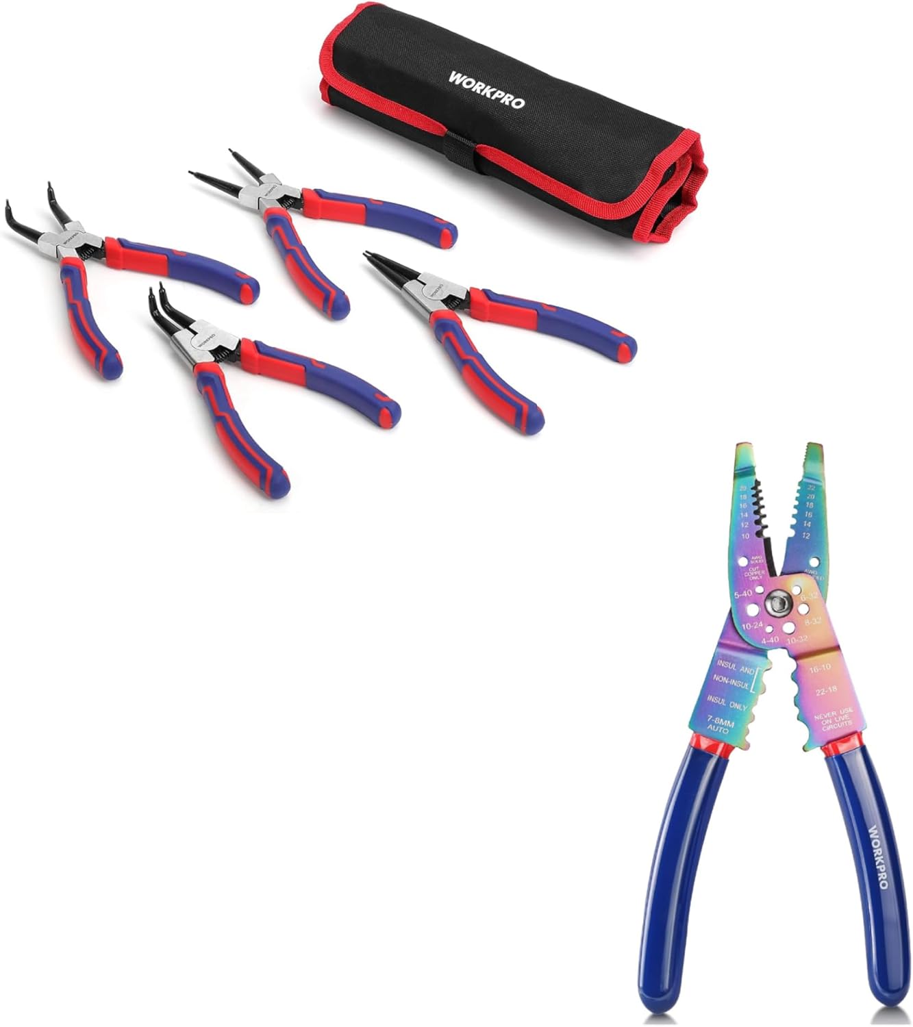 WORKPRO 4-Piece Snap Ring Pliers Set & 8" Wire Stripper