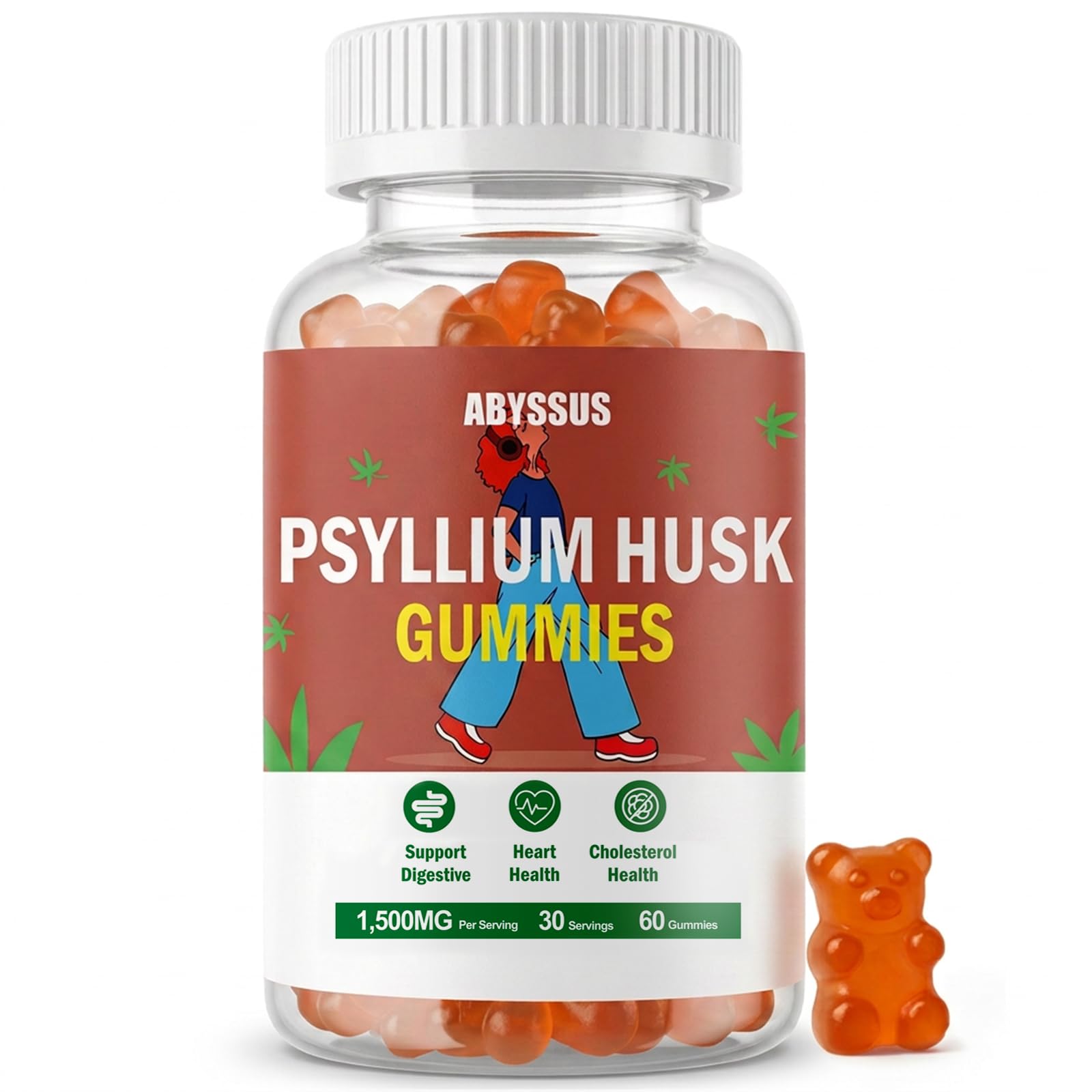 ABYSSUS Psyllium Husk Gummies Gentle Fiber Supplement, Pectin Based 60 Ct