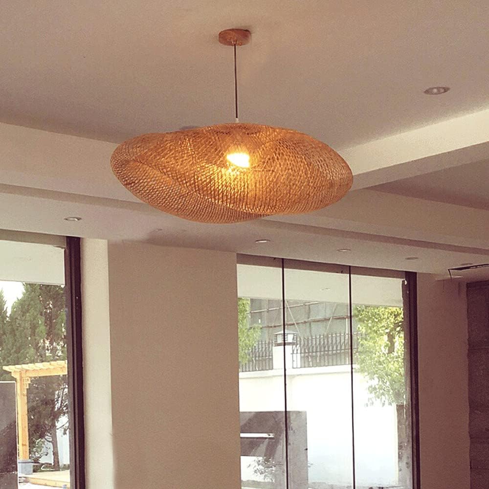 RCIDOS Pastoral Style Bamboo Chandeliers Natural Bamboo Boho Pendant Lighting Tropical Irregular Hollow Hanging Lamp Beige Wicker Finish Suspension Light for Kitchen Island Coffee Bar Bedside