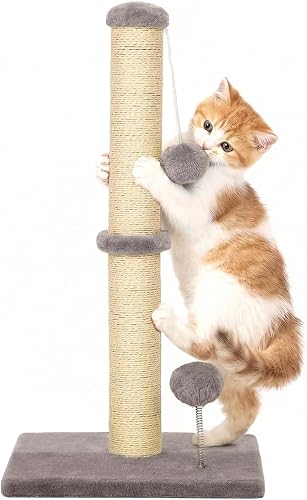 BestPet 22 Inch Cat Scratching Post, Natural Sisal Rope Scratcher with Hanging Ball for Indoor Kittens & Small Cats, Light Gray