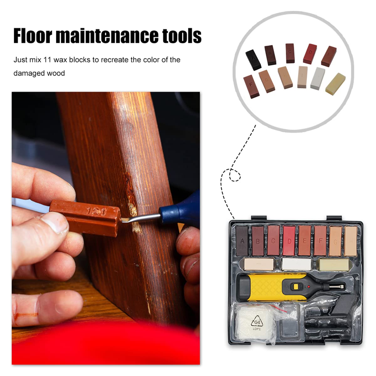 Kit de reparación de suelo laminado, herramientas de reparación de instalación de suelo con 11 bloques de madera de cera para reparar laminados, suelos, gabinetes de cocina, tablas de madera