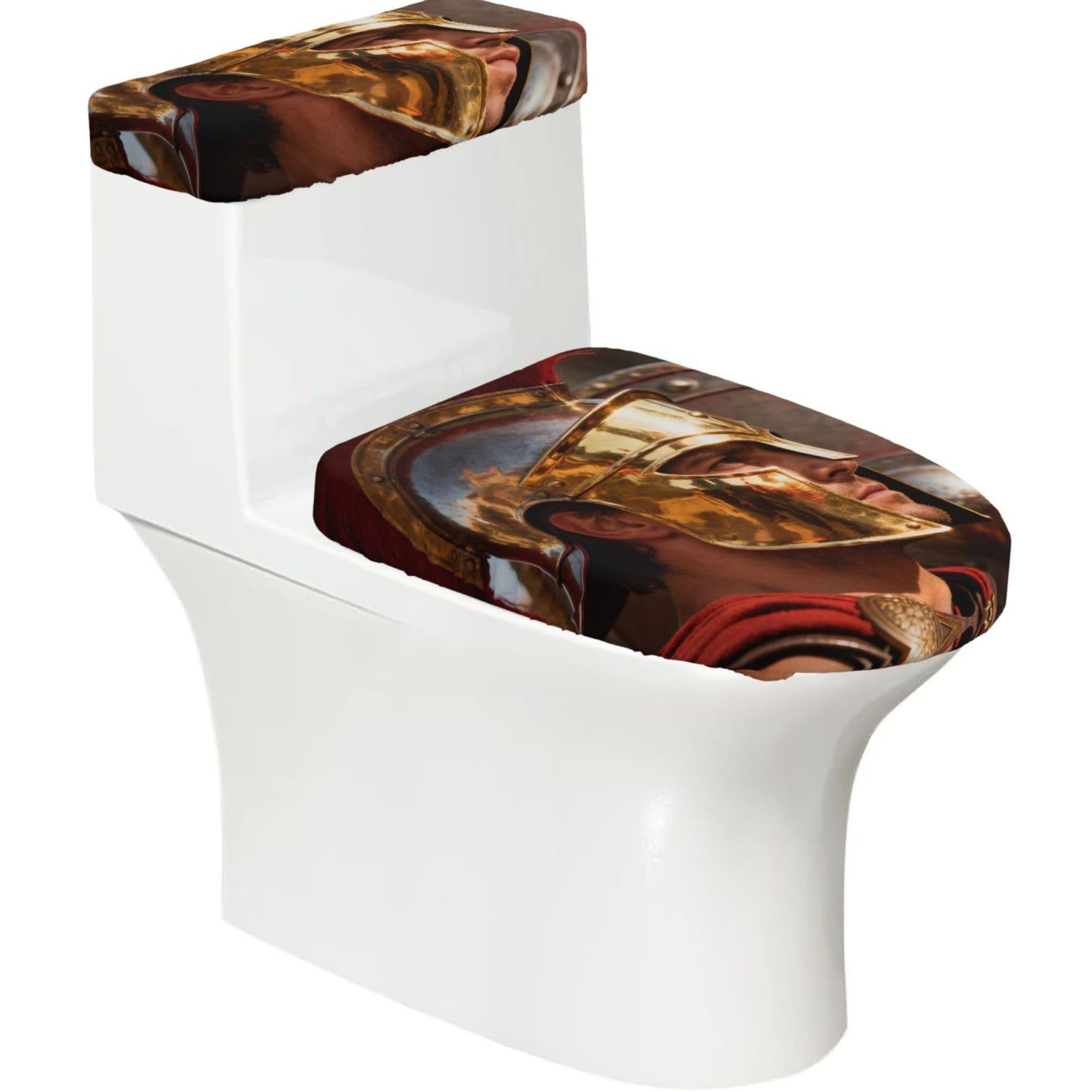 Cntdbu Black Warrior Helmet Gold Stretchy Toilet Lid And Tank Cover Set-Soft Elastic Bathroom Decor For U Shape Oval