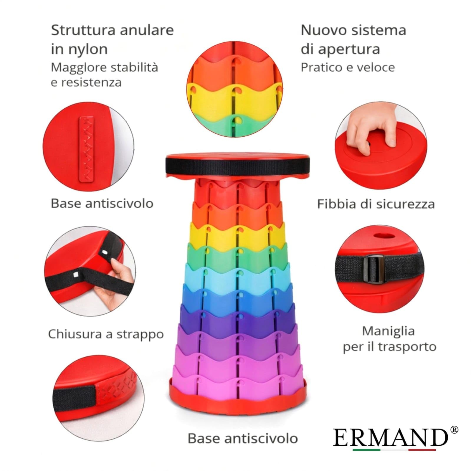 Ermand Sgabello Telescopico Portatile Pieghevole – Regolabile in Altezza – Leggero e Resistente fino a 180 kg – Sgabello per Campeggio, Pesca, Viaggi, Trekking, Outdoor