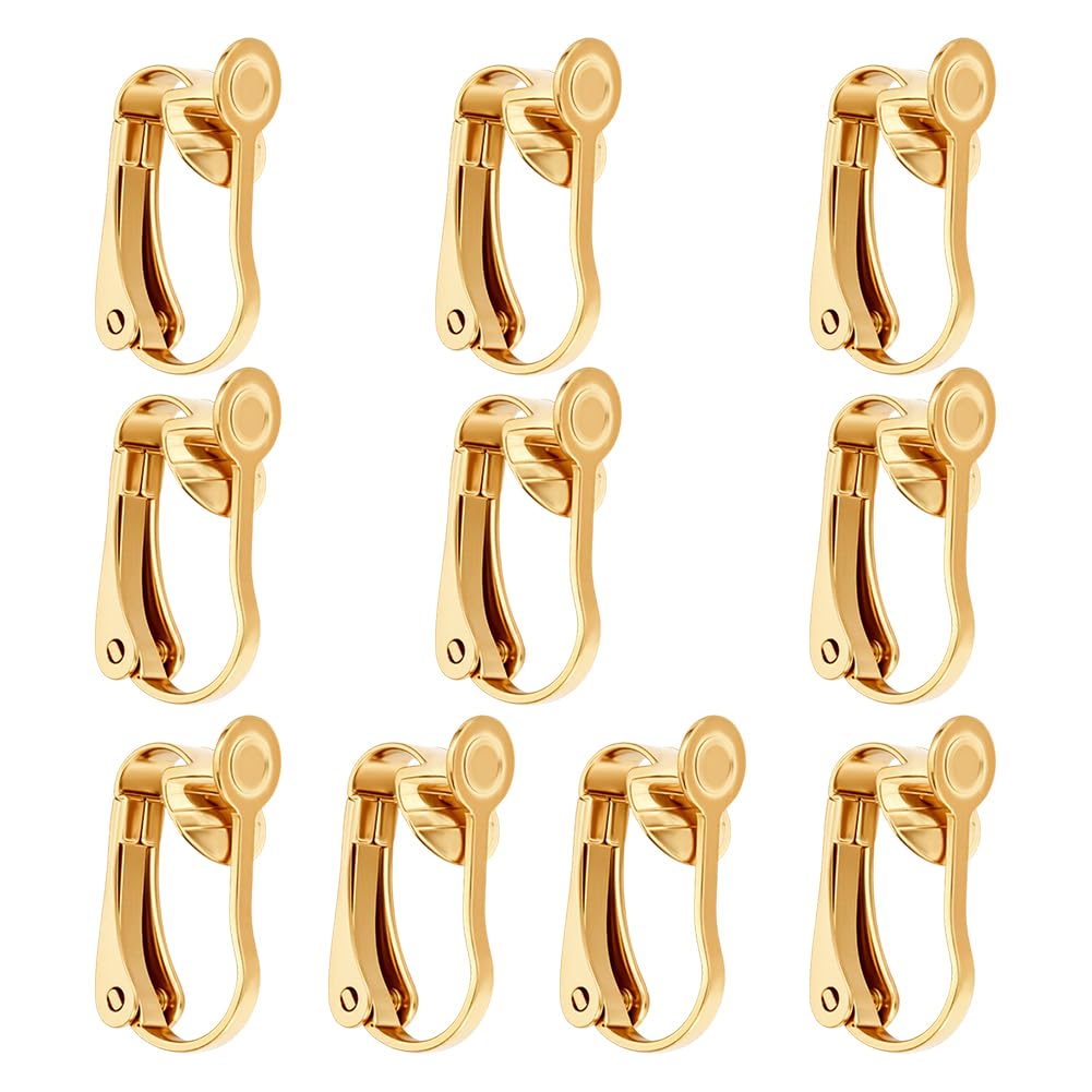 ARRICRAFT 10pcs Stainless Steel Clip-on Golden Earring Components Earring Cabochons Setting for Non-Pierced Ears