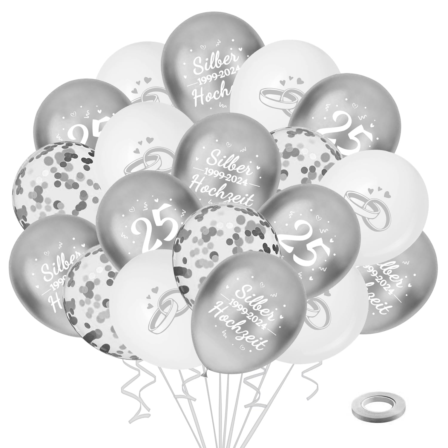 Pack de 35 Globos de Bodas de Plata, Decoración de Bodas de Plata 25, Globos de Látex de Aniversario de Plata Blancos con el Número 25, Globos de Confeti para Decoración de Bodas de Plata