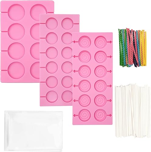 Paquete de 3 moldes de silicona para piruletas con forma de remolino redondo con 50 palitos y bolsas de caramelo duro, herramienta para hornear