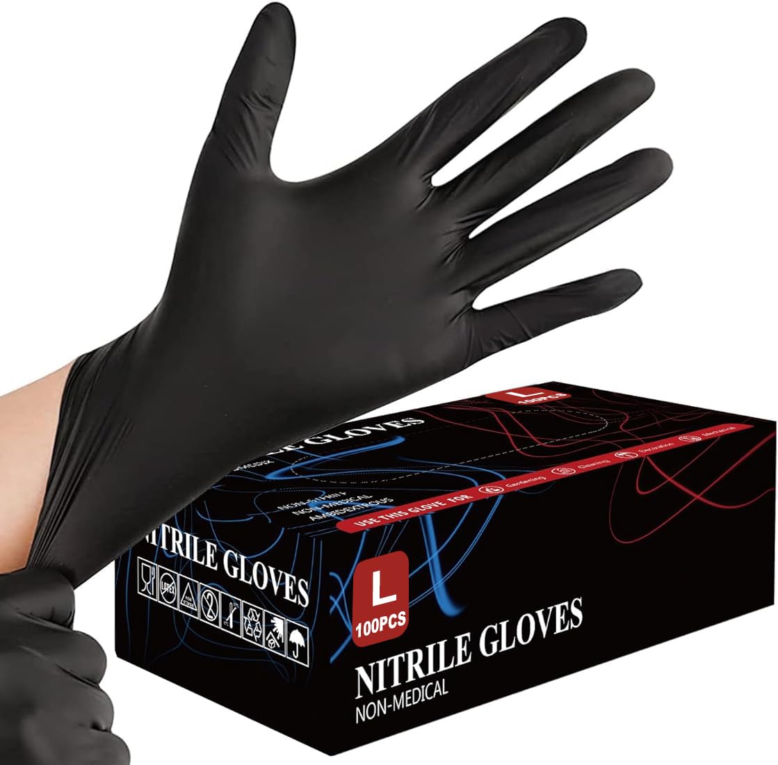 Black Nitrile Disposable Gloves – 100 Pack, Extra Strong & Durable, Latex-Free, Powder-Free, Professional-Grade Examination Gloves for Medical, Cleaning, Food Prep & Multipurpose Use (500, LARGE)