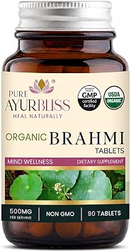 100% Organic Brahmi Tablets with Bacopa monnieri Extract, Ayurvedic Cognitive Support for Memory, Focus, and Mental Clarity, Herbal Brain Health Formula - 90 Count