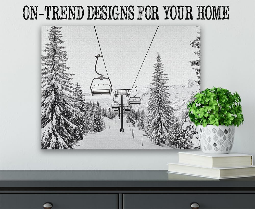 The Run Is Closed Ski Lift Winter Landscape Black and White 18x24 Stretched Canvas – Vintage Ski Posters, Ski Cabin Decor, Rustic Lodge Decor, Ski Resort Artwork, Gift for Skiing Enthusiasts
