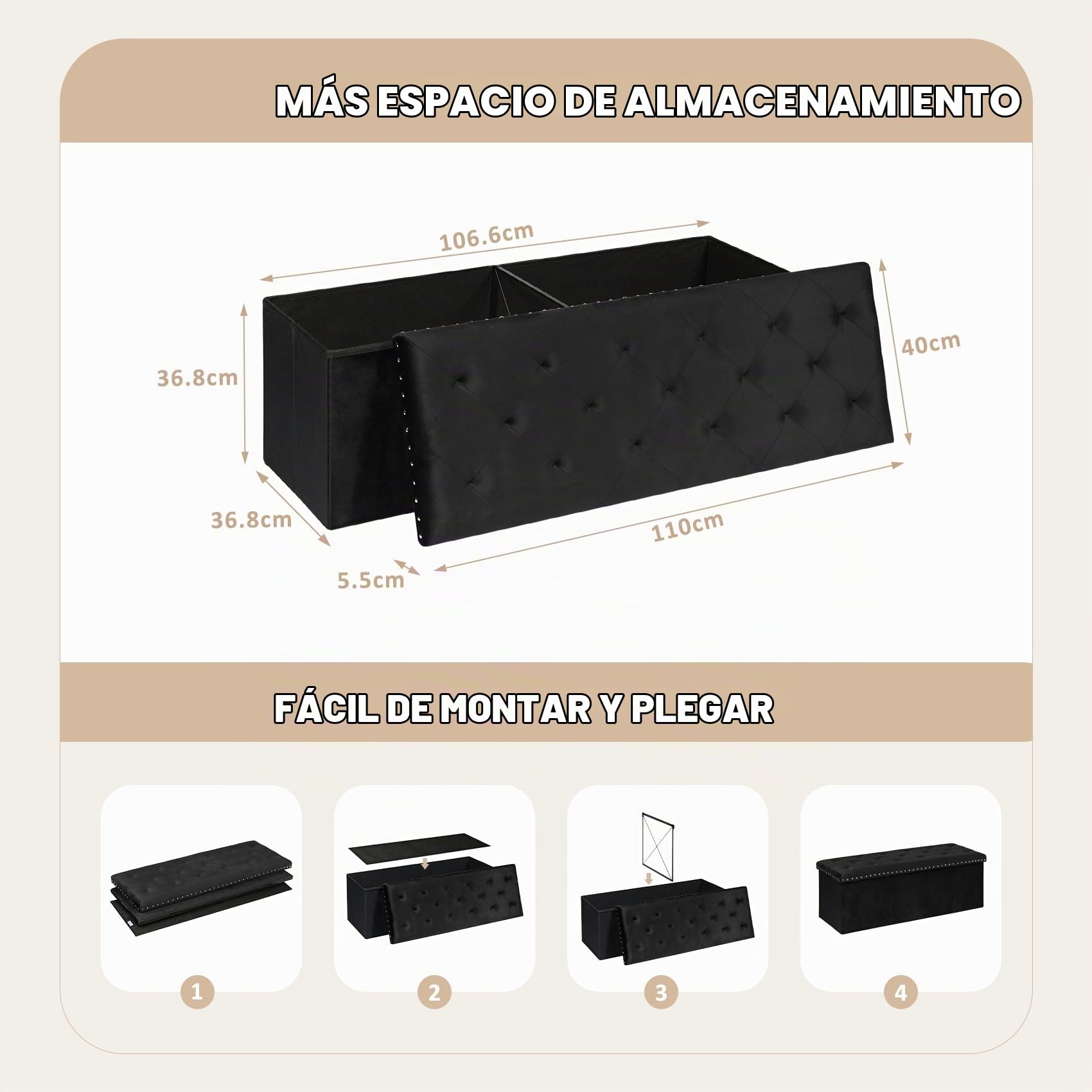 PINPLUS Baúl Banco de Almacenamiento Plegable, Puff de Terciopelo con Tapa, Reposapiés para Salón, Dormitorio y Pasillo, 110x40x40 cm, Negro