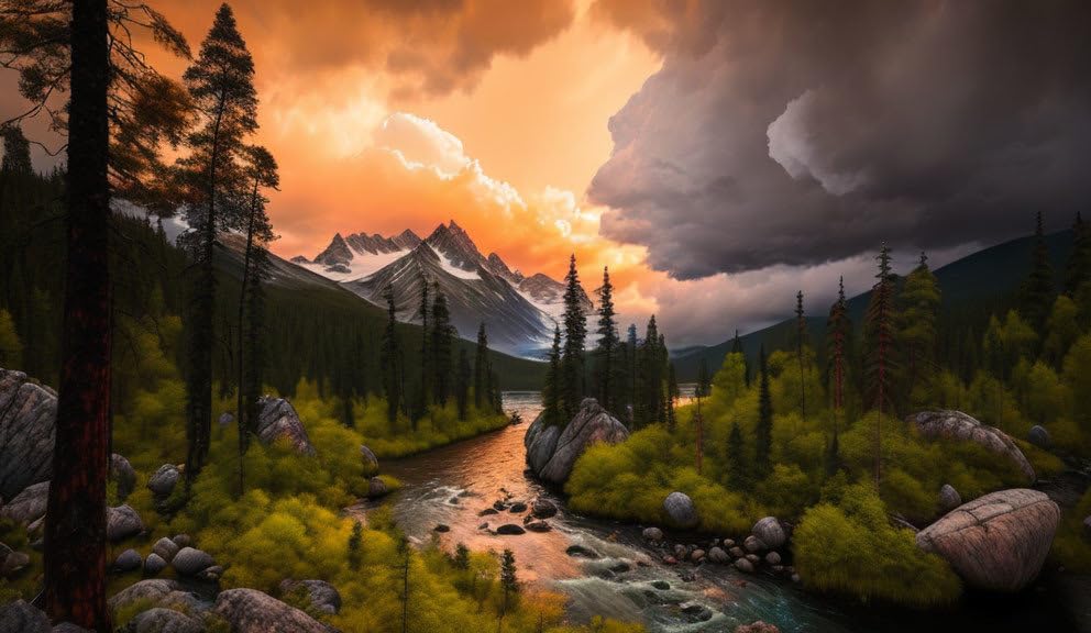 Poster Russie Taiga River Meechi grand tableau nature paysage sauvage 50x70cm