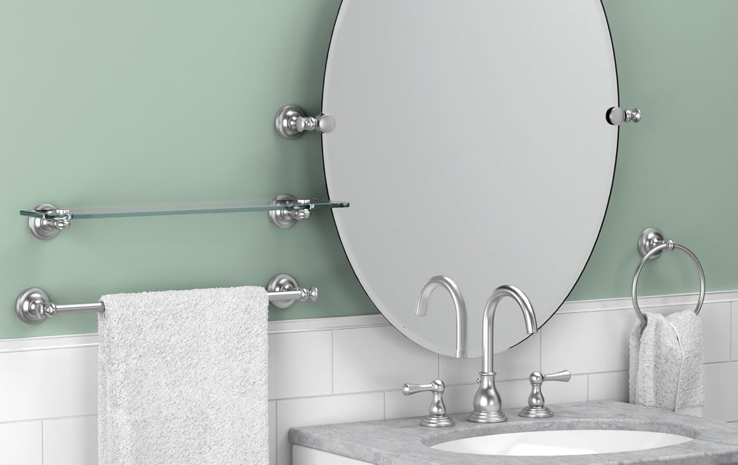 Tavern 3-Piece Kit, Satin Nickel, Toilet Paper Holder, Towel Ring, Robe Hook