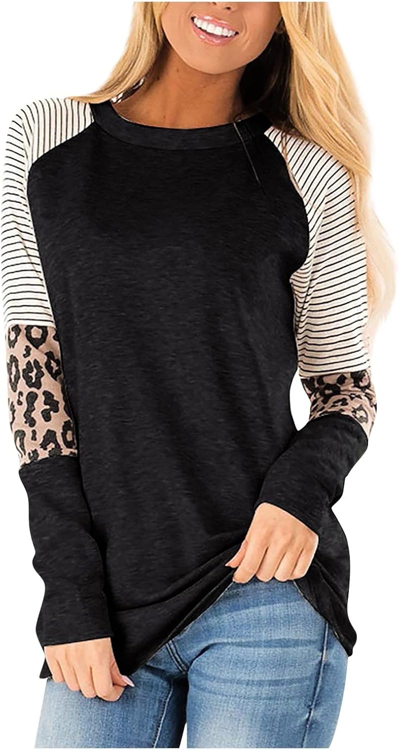 JJHAEVDY  2022 Women's Leopard Print Color Block Tunic Round Neck Long Sleeve Shirts Striped Causal Blouses Tops : Sports & Outdoors