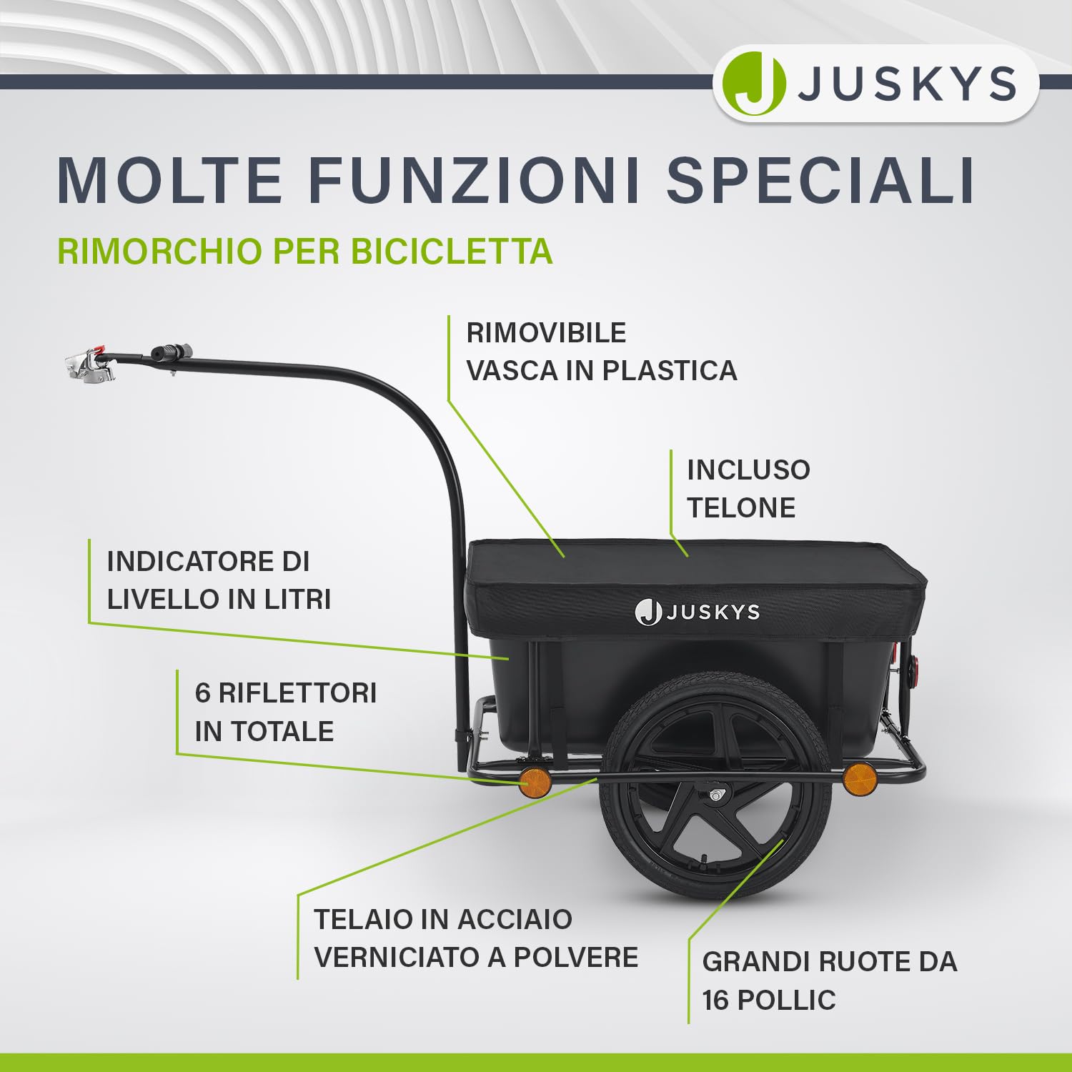 Juskys Rimorchio per bicicletta da 90 litri - rimorchio da carico con gancio, timone - rimorchio per bicicletta 40/80 kg di portata - rimorchio da trasporto con telo protettivo