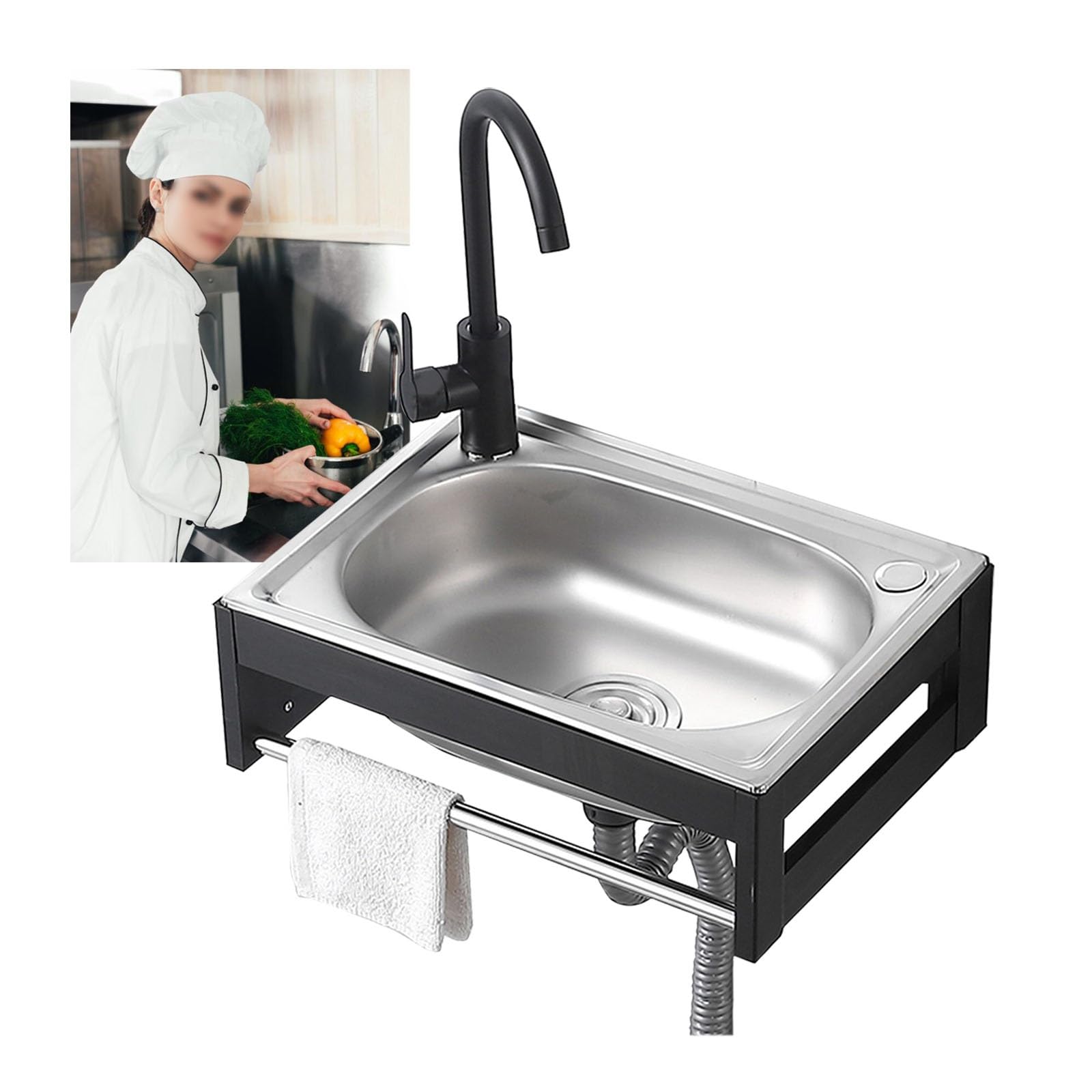 Edelstahlspüle Spülbecken Für Outdoor Garten, Rechteckig Gewerbe-spülbecken Mit Wasserhahn Und Drainage-Komponenten, Wandhängendes Küchenspüle Für Das Geschirrspülen Mit Ständer