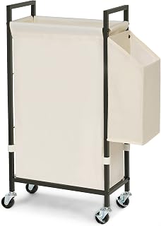 Slim Laundry Hamper with Wheels; 66L Narrow Rolling Laundry Basket with Removable Oxford Liner Bag; Thin Dirty Clothes Hamper with Sturdy Metal Frame; Tall Laundry Basket with Side Pocket (Beige)