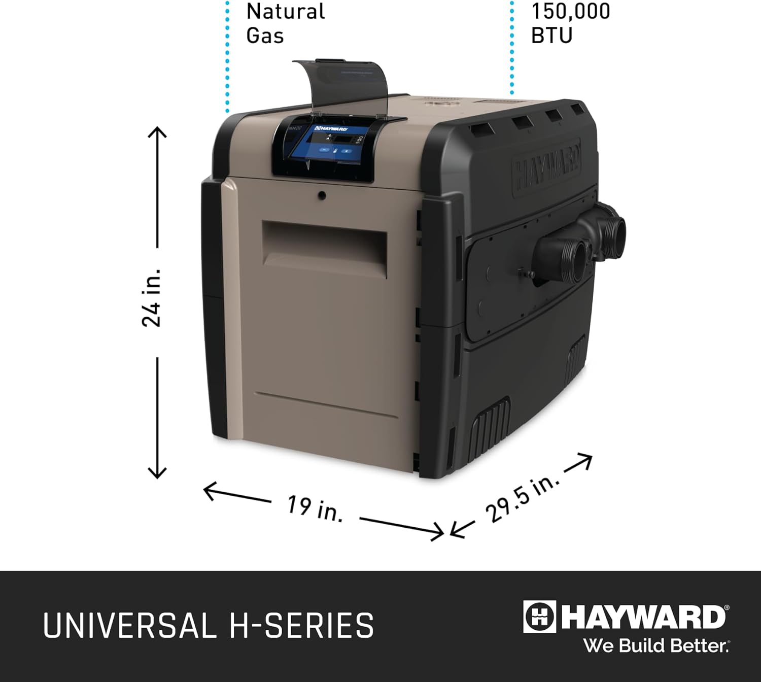 Hayward W3H150FDN Universal H-Series Pool and Spa Heater with dimensions labeled