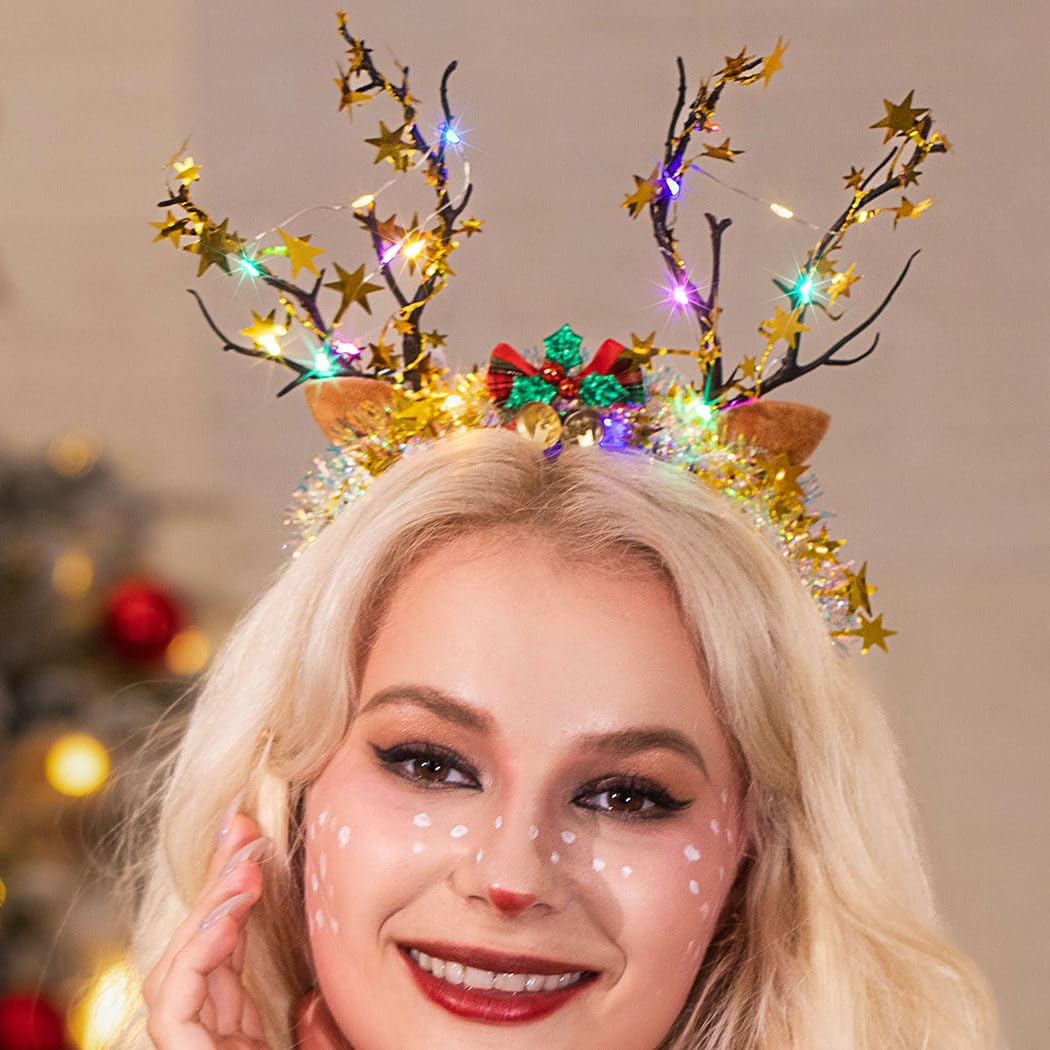 Yean Diadema con cuernos luminosos con luces LED de cuerno de ciervo de Navidad, tocado luminoso con ramas de árbol para fiesta de Navidad, disfraz de festival