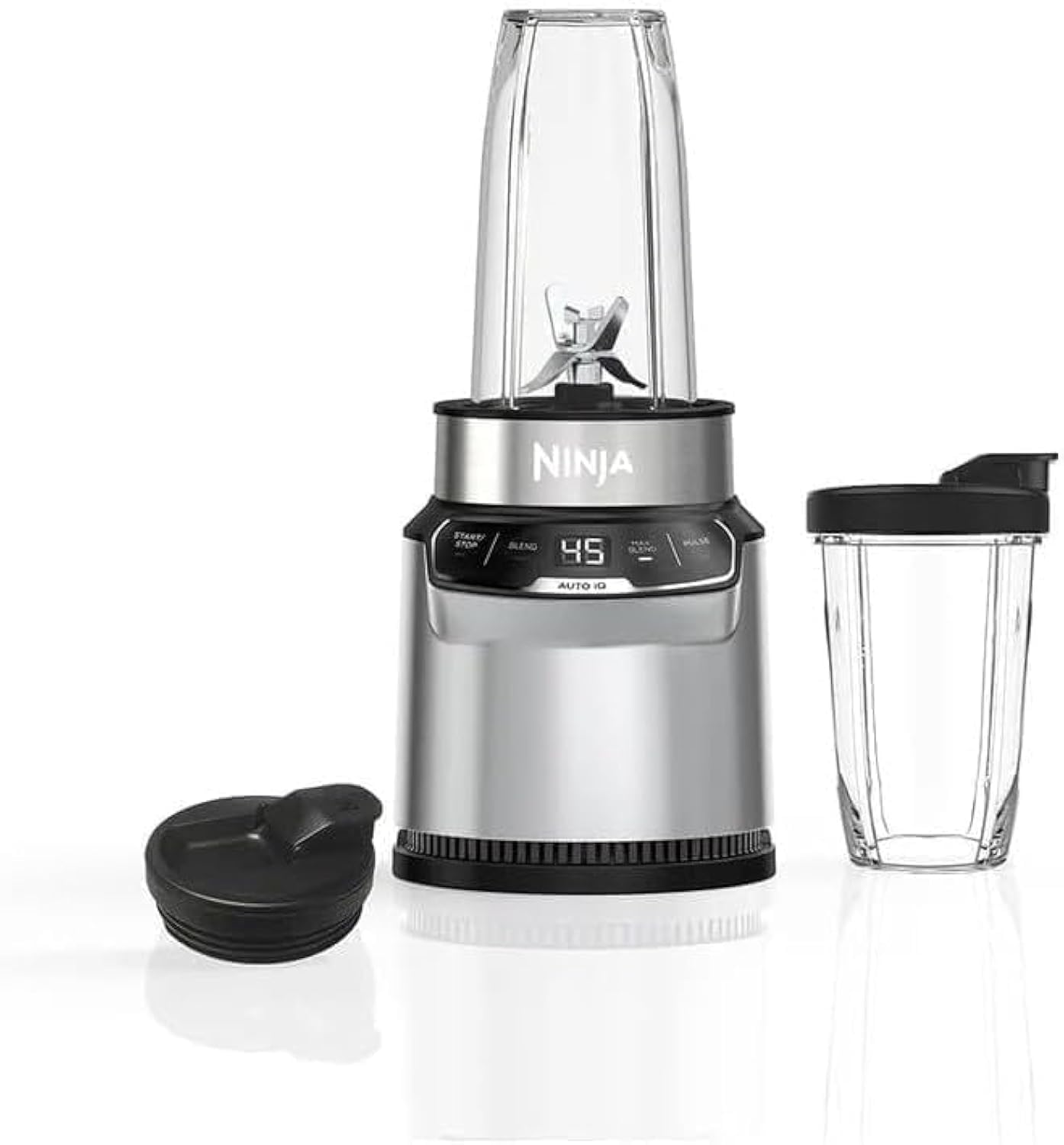 NINJABlender with 2 Automatic Programs: Blend & Max Blend, Pulse Setting, 2x 700ml Cups with Spout Lids, 1000W, Dishwasher Safe Parts, Smoothie Maker, Auto-iQ, Silver, BN500ME, 2 Years Warranty