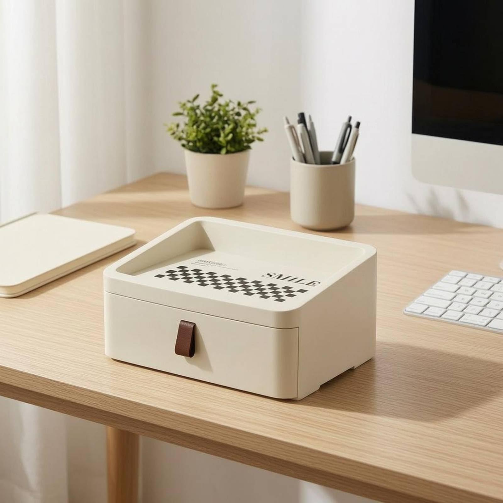 Contenitore da Scrivania Organizer Cassettiera Scatola Vassoio Superiore Cassetto Corpo Rettangolare Salvaspazio Adatto per Postazione Lavoro, Bianco