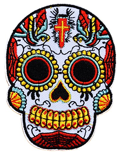 topt mili Tete de Mort Crane Mexicain Sugar Skull Croix catholique Écusson Thermocollants Broderie Vetement Ecusson 9x7cm