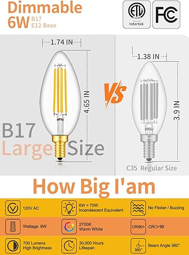 Miniatura 2 de CRLight Bombillas LED regulables para candelabros de 6 W, 700 lúmenes, equivalente a 70 W, base E12, bombillas LED de 2700 K blanco cálido, estilo