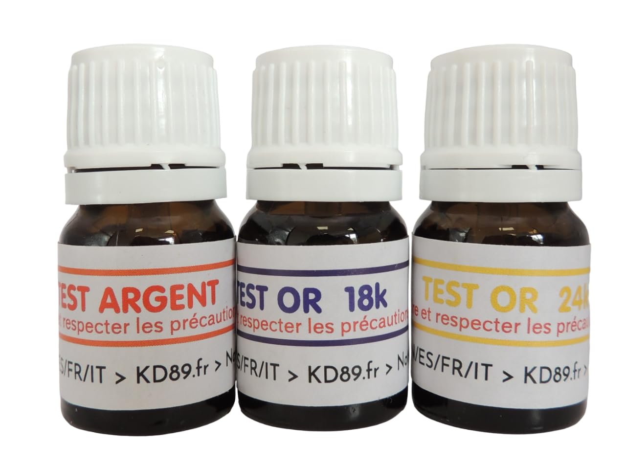 Assortiment de 3 réactifs/solutions pour tester l'or et l'argent - Argent-18-24 carats - Avec pierre de touche naturelle et notice multi-langues - Expertise pour bijoux, pièces, lingotins - 2,5ml