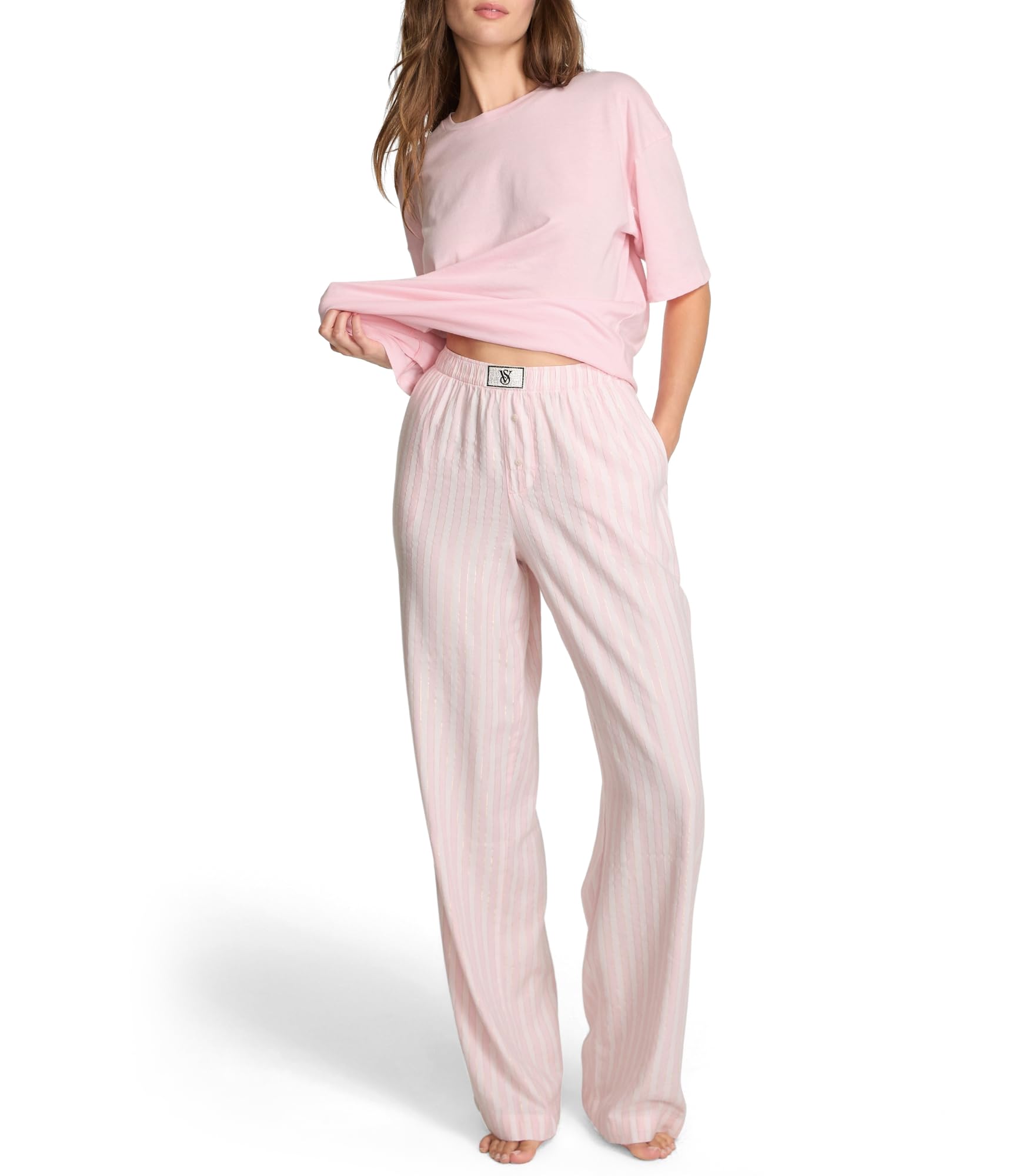 Victorias Secret Tee Pajama Set Short Sleeve Cotton T Shirt and Flannel Pants Sleepwear for Women XS-XXL