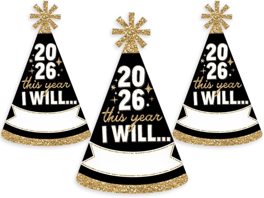 Big Dot of Happiness Hello New Year - Cone Party Hats - 2026 NYE Resolution Cone Party Hat For Kids And Adults - Set of 8 (Standard Size) - Image 7