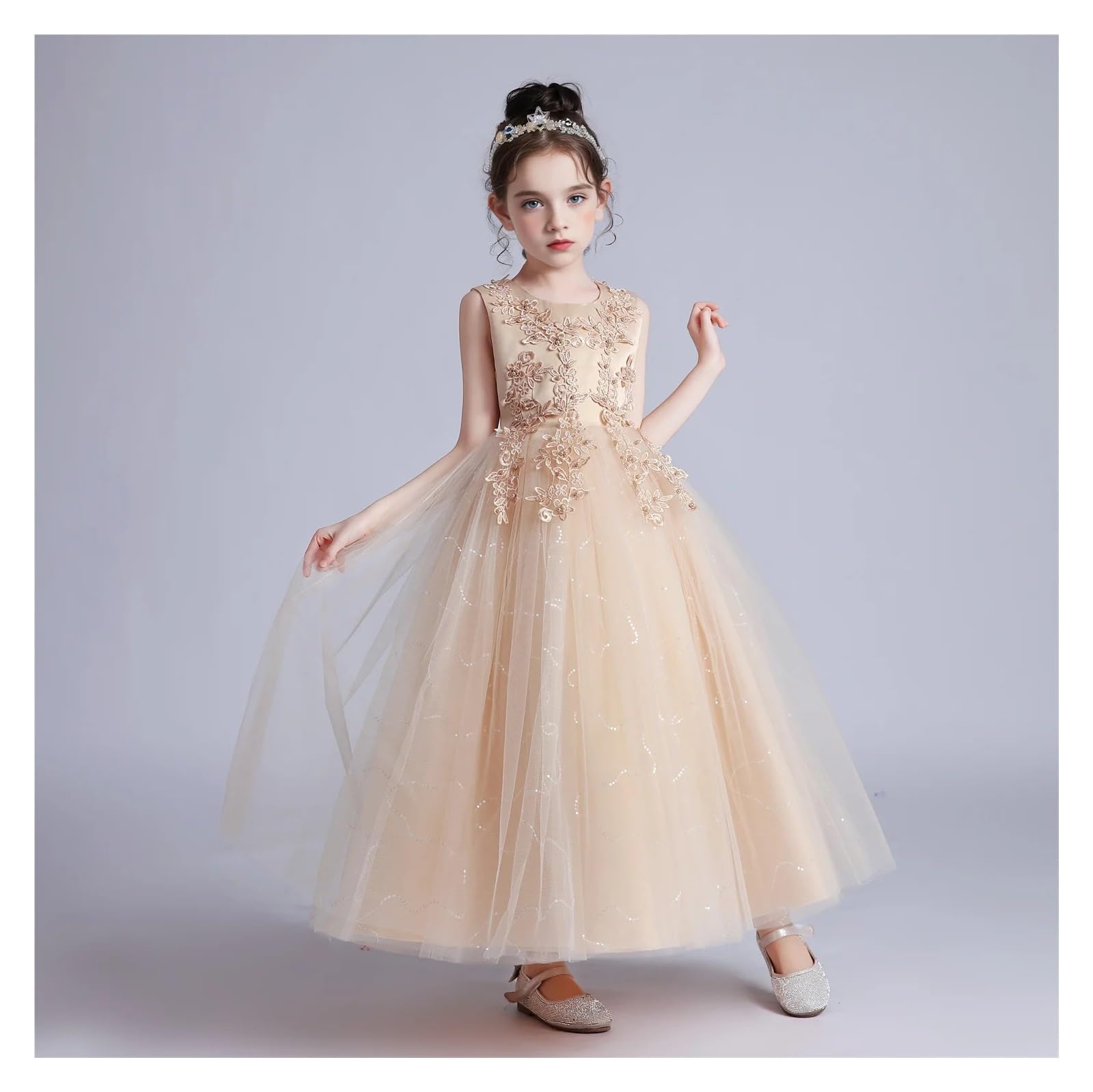 Vestido De Fiesta para NiñA Vestidos Infantiles for niñas, Vestido de Encaje, Ropa de Princesa for niños, Fiesta de Noche Formal, Vestidos de Boda for niñas con Flores(Black,130(5T))