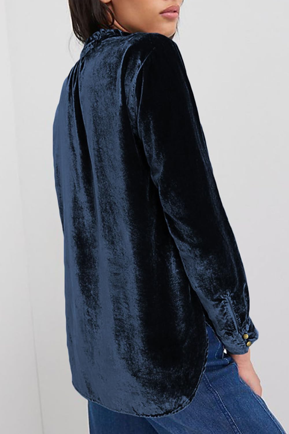 Melliflo Women's Frilled Neck Buttoned Front Velvet Top Casual V Neck Solid Long Sleeve Blouse Tops - Image 4