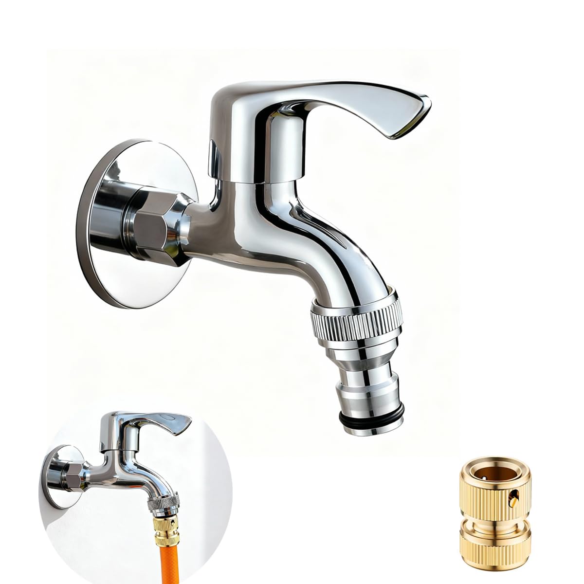 Brass Chromed Outdoor Garden Faucet with Quick Connect and Sealing Tape, Cold Water Laundry Utility Tap 1/2 inch Spigot