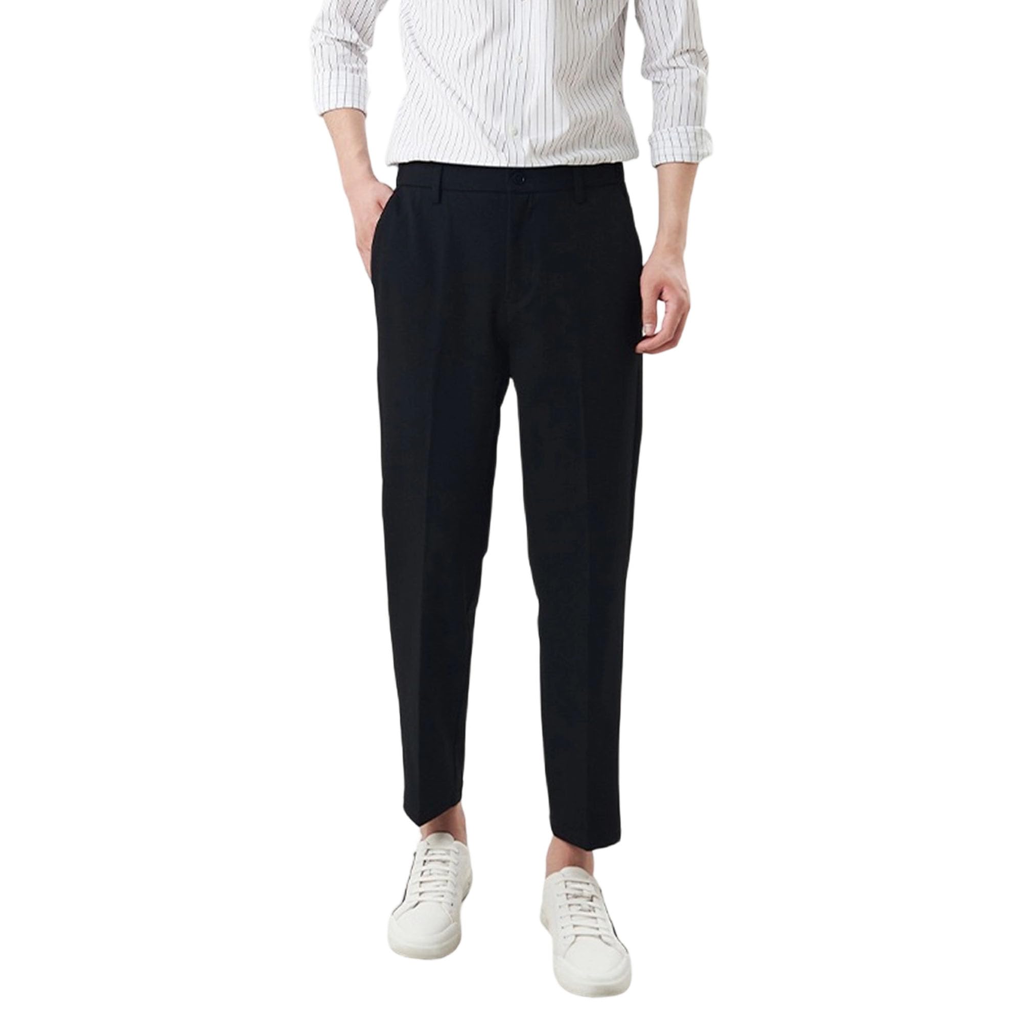 Pantalones formales casuales de negocios para hombre, pantalones de traje de nueve cuartos | Corte ajustado, color liso, pantalones de pierna recta, tela antiarrugas, con bolsillo, para viajes de oficina, uso diario