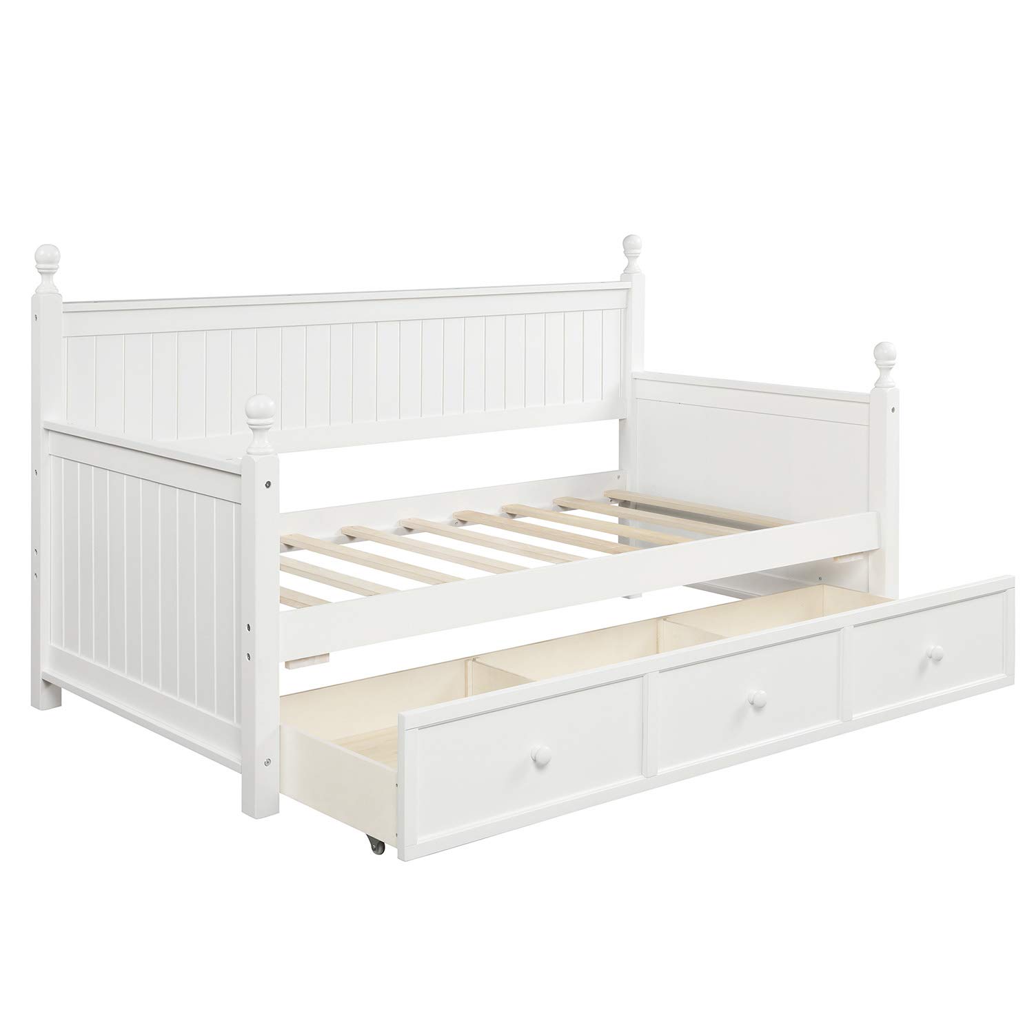 Rhomtree Twin Size Wood Daybed with 3 Storage Drawers Bed Frame Sofa Bed for Living Room Bedroom Kids Tees Boys Girls Guests (White with Drawers)