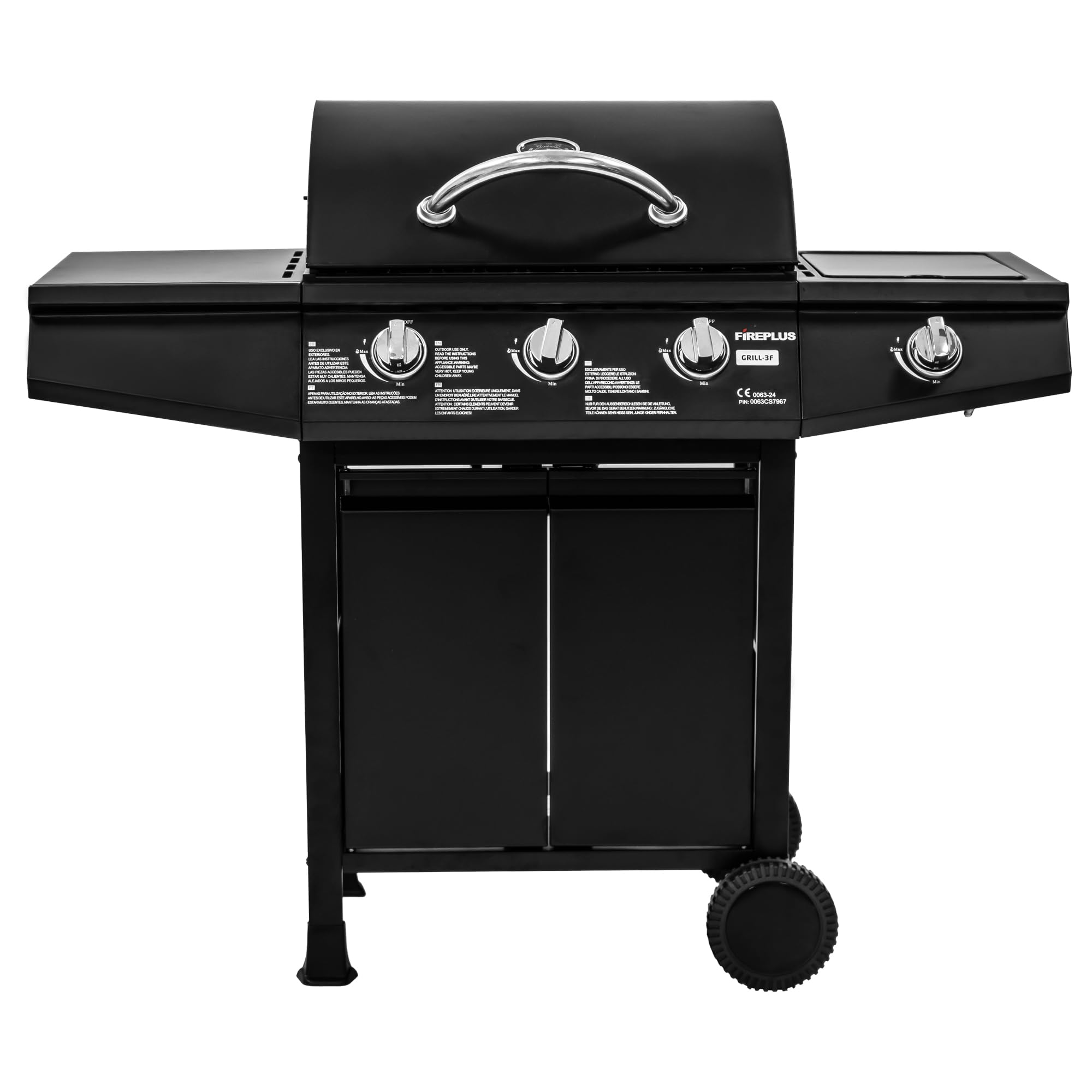 Amig - Barbacoa de gas Fireplus 3+1 de 8,4 kW - Acero inoxidable Negro - Parrilla con ruedas Modelo GRILL-3F - Barbacoa XXL con carro y termómetro - 117x52x103 cm - 4 quemadores y Bandeja lateral