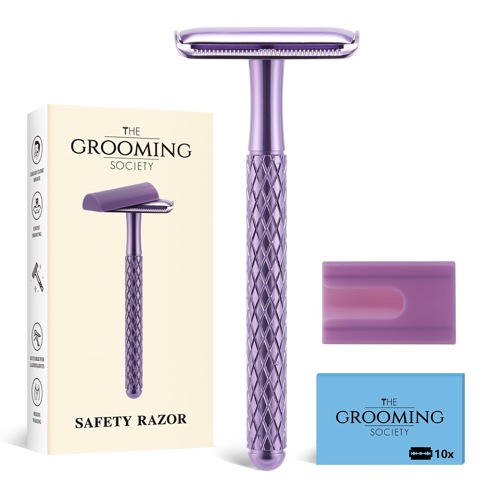 Maquinilla de afeitar de seguridad de doble filo para mujer, color morado con 10 cuchillas y cubierta de silicona, maquinilla de afeitar de seguridad de una sola hoja de metal