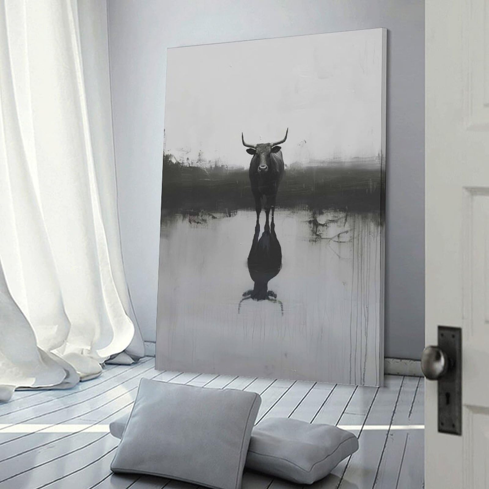 Junmoney Frame-Style-3 Black Bull Reflection Hanging Wall Art, 24X36inch(60X90cm), For Entrance Walls, Hall Decor Or Foyers, Wall Decor To Refresh Empty Corners