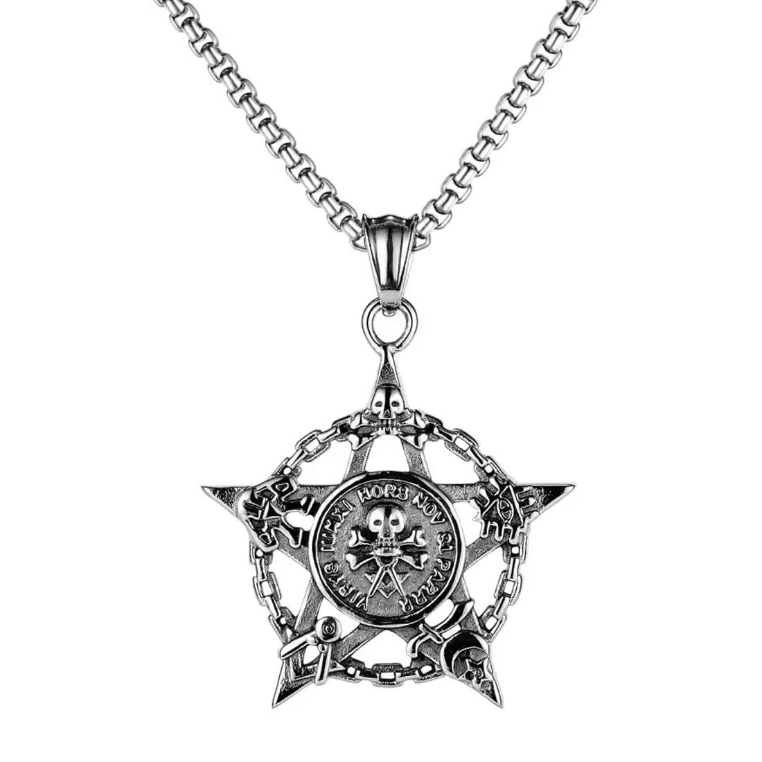 M Men Style Masonic Pentagram Star Skull Silver Stainless Steel Pendant Necklace Chain For Mens (B0BJ96XBKD) Amazon Price History, Amazon Price Tracker