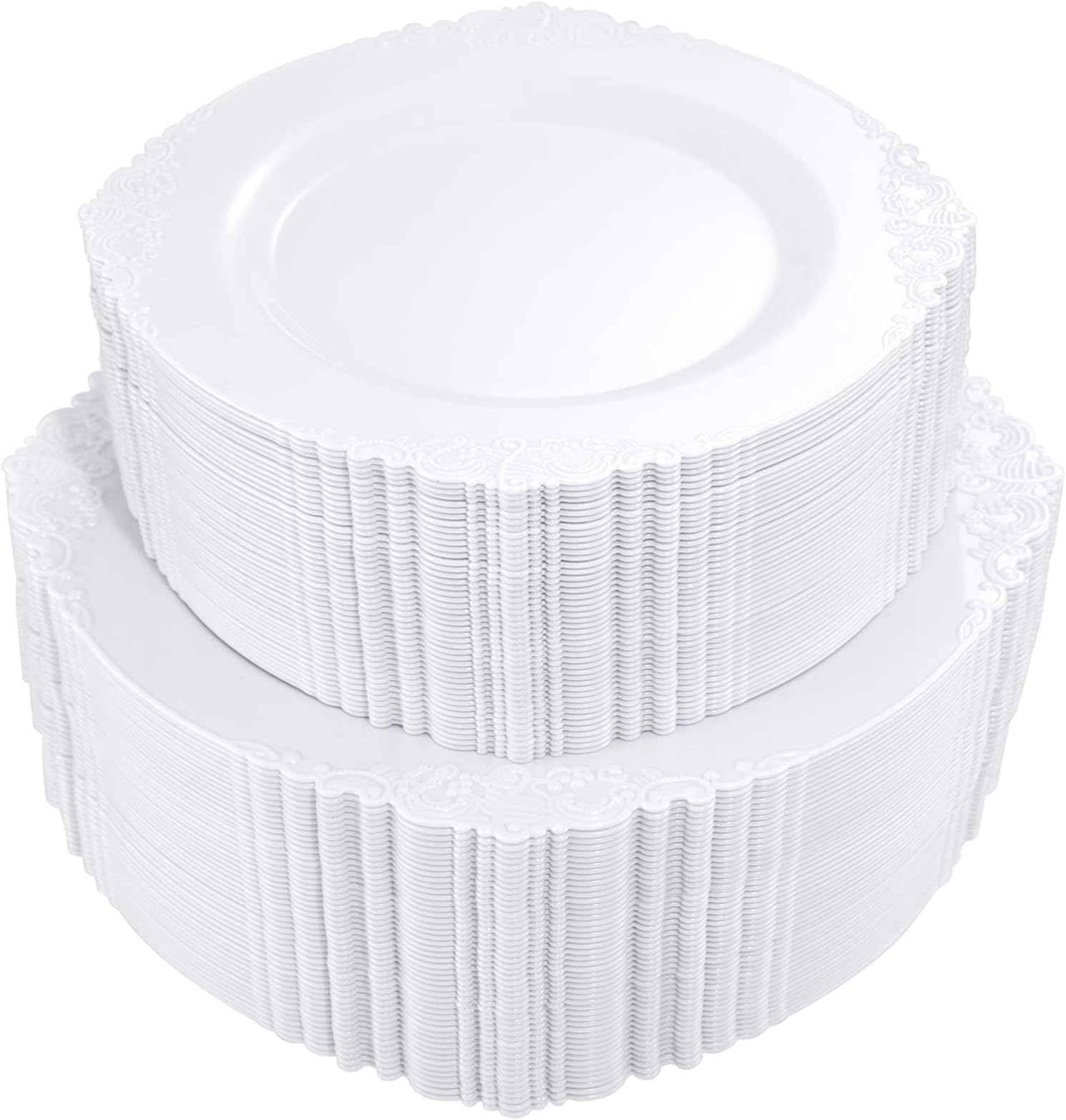 Morejoy100PCS White Plastic Plates - White Disposable Plates - Include 50 Pieces 10.25 Inch Dinner Plates & 50Pieces 7.5 Inch Dessert Plates - Perfect for Weddings & Parties & Showers